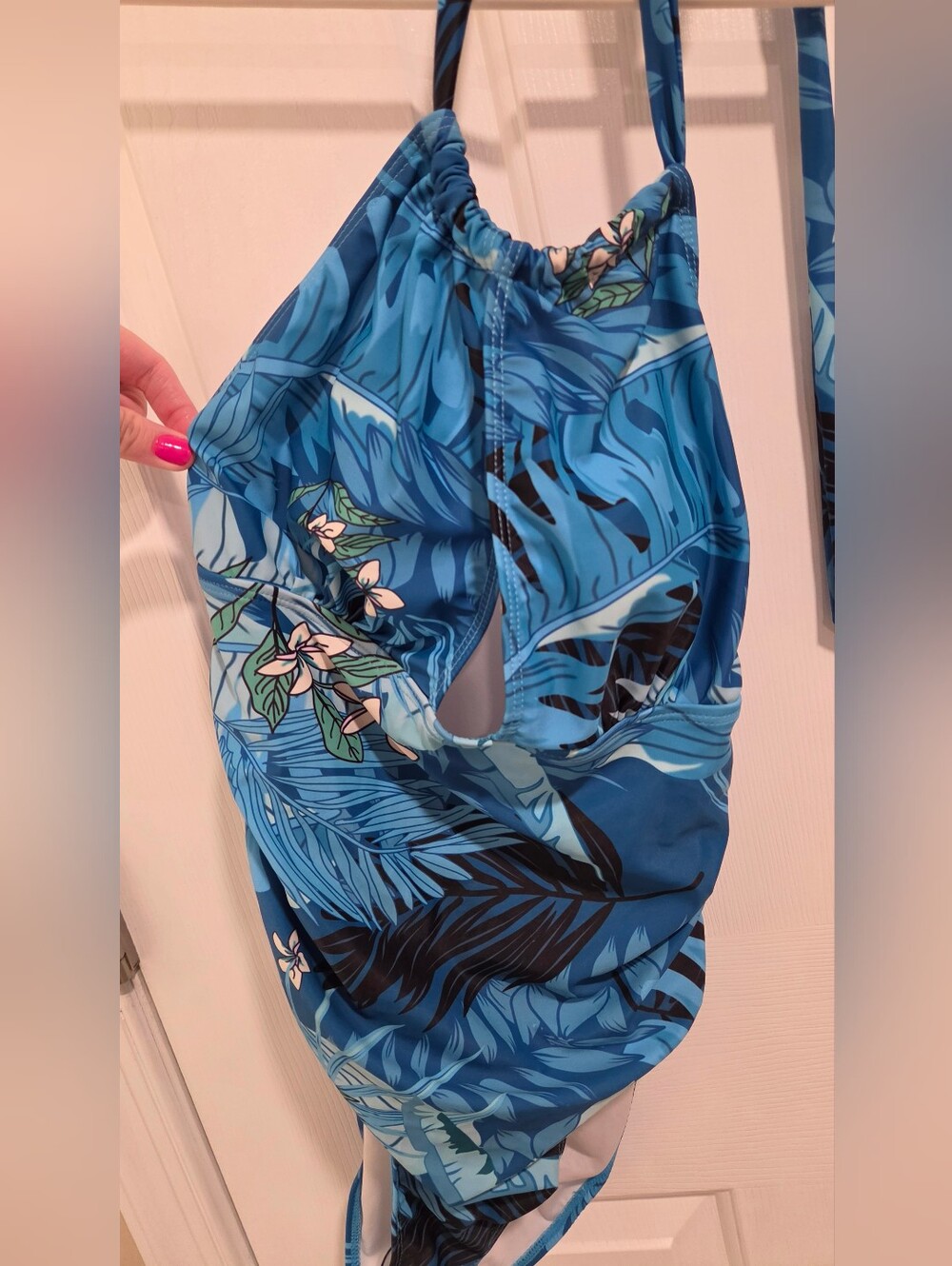 Tropical Blue One-Piece Swimsuit with Leaf & Floral Print